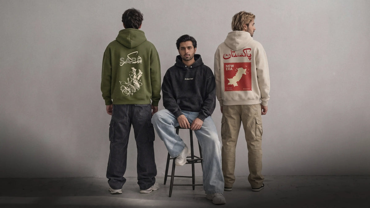 Arden Sul winter hoodie collection featuring three models wearing black, olive green, and beige graphic hoodies with modern streetwear styling.