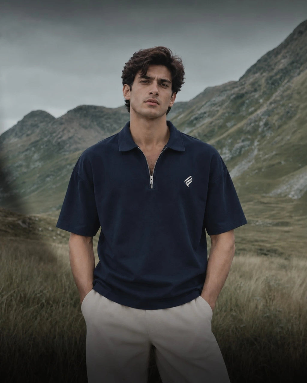A man wearing a navy blue half-zip polo shirt with a small white embroidered logo on the chest, paired with light beige trousers, standing in a grassy mountain landscape.