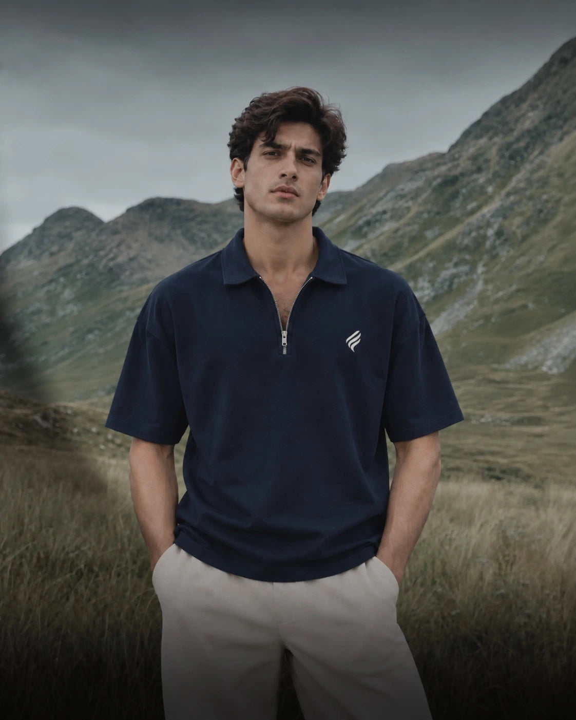 A man wearing a navy blue half-zip polo shirt with a small white embroidered logo on the chest, paired with light beige trousers, standing in a grassy mountain landscape.